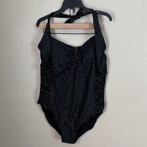 Pure Energy One Piece Swim Suit Black Halter Gold Polka Dots Size 24W
